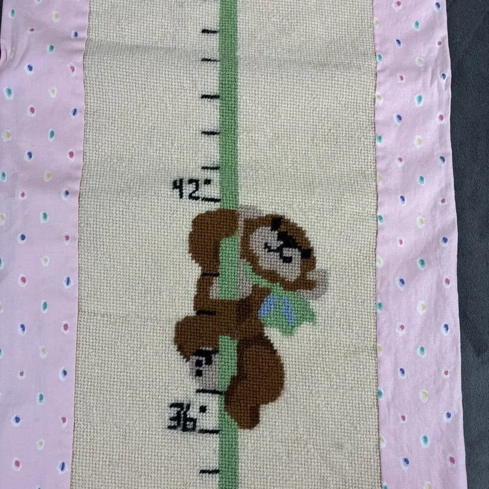 Vintage Needlepoint Growth Chart Pink Multi Bears Lollipop Bow Fabric Backed